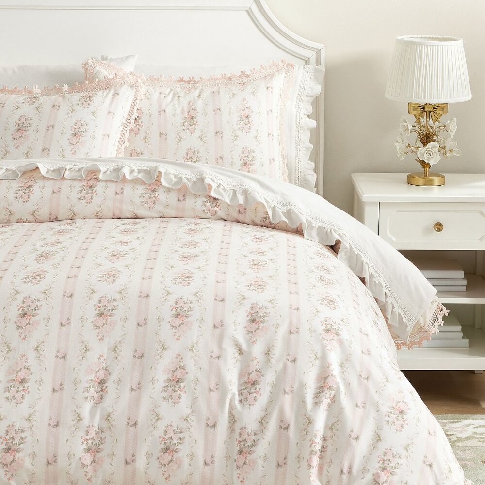 LoveShackFancy Dreamy Days Duvet Cover Blush Pink Floral Bow Trim Twin / XL NEW